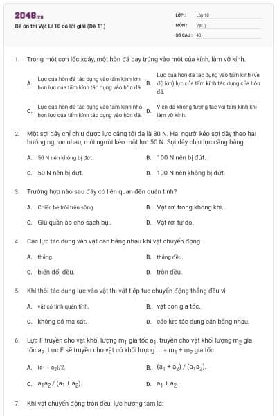 Đề ôn thi Vật Lí 10 có lời giải (Đề 11)