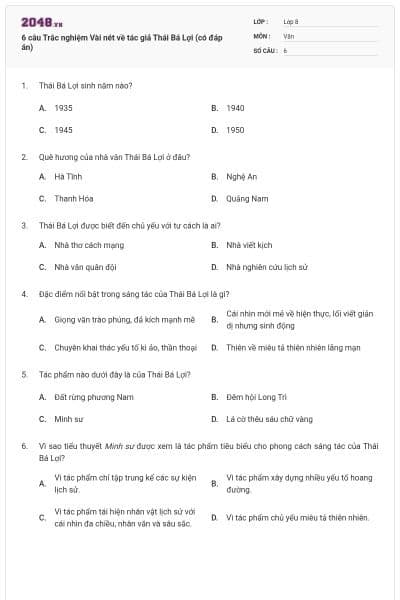 6 câu Trắc nghiệm Vài nét về tác giả Thái Bá Lợi (có đáp án)