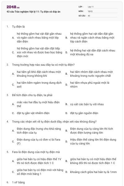 43 câu  Trắc nghiệm Vật lý 11: Tụ điện có đáp án