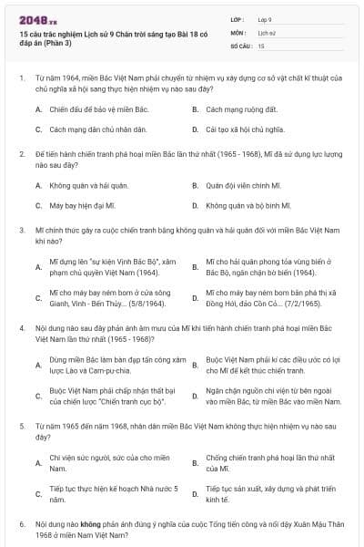 15 câu trắc nghiệm Lịch sử 9 Chân trời sáng tạo Bài 18 có đáp án (Phần 3)