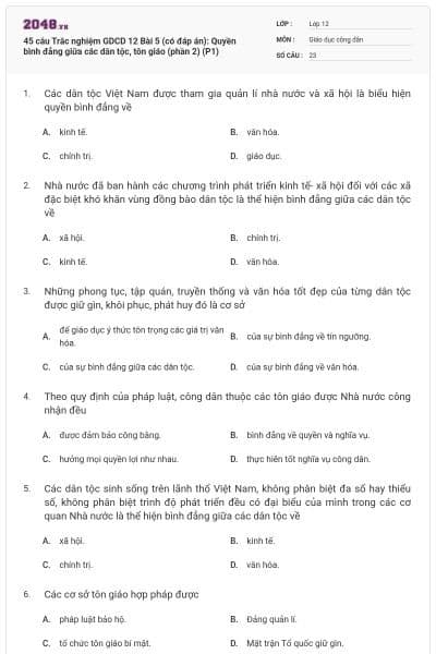 45 câu Trắc nghiệm GDCD 12 Bài 5 (có đáp án): Quyền bình đẳng giữa các dân tộc, tôn giáo (phần 2) (P1)