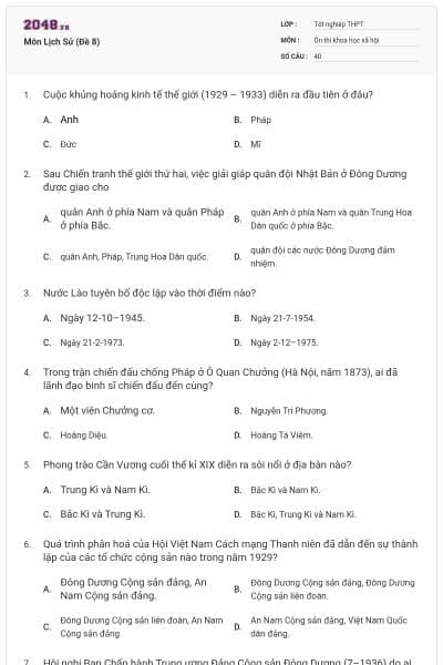 Môn Lịch Sử (Đề 8)