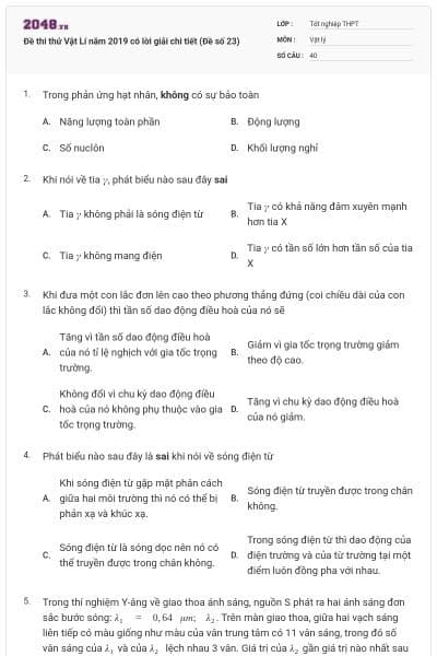 Đề thi thử Vật Lí năm 2019 có lời giải chi tiết (Đề số 23)