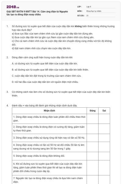 Giải SBT KHTN 9 KNTT Bài 14. Cảm ứng điện từ Nguyên tắc tạo ra dòng điện xoay chiều