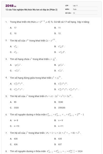 12 câu Trắc nghiệm Nhị thức Niu tơn có đáp án (Phần 2)