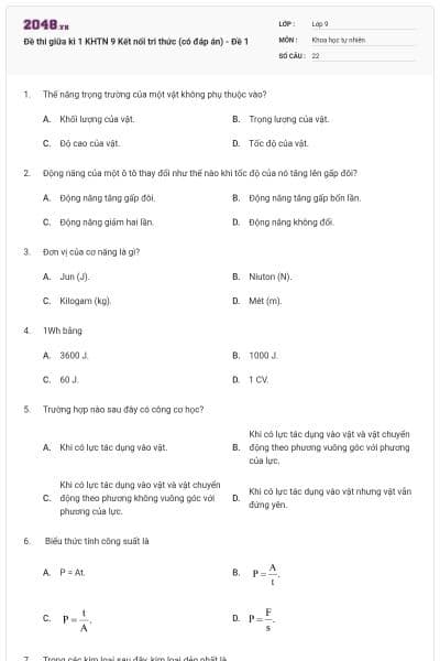 Đề thi giữa kì 1 KHTN 9 Kết nối tri thức (có đáp án) - Đề 1