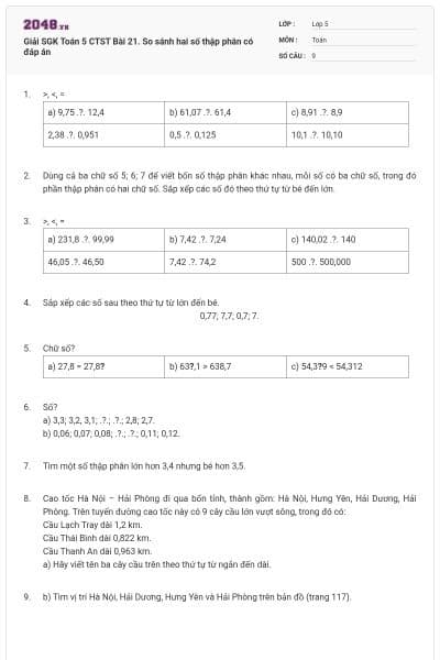 Giải SGK Toán 5 CTST Bài 21. So sánh hai số thập phân có đáp án