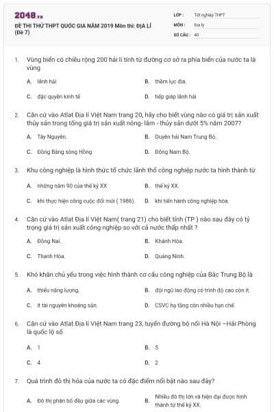 ĐỀ THI THỬ THPT QUỐC GIA NĂM 2019 Môn thi: ĐỊA LÍ (Đề 7)