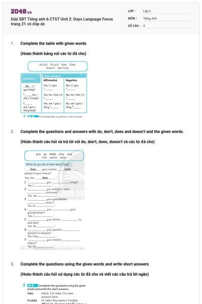 Giải SBT Tiếng anh 6 CTST Unit 2: Days Language Focus trang 21 có đáp án