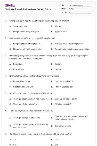 1000+ câu Trắc nghiệm Hóa sinh có đáp án - Phần 6
