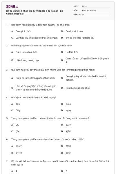 Đề thi Giữa kì 1 Khoa học tự nhiên lớp 6 có đáp án - Bộ Cánh diều (Đề 2)