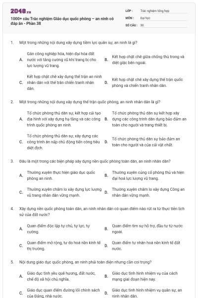 1000+ câu Trắc nghiệm Giáo dục quốc phòng – an ninh có đáp án - Phần 38