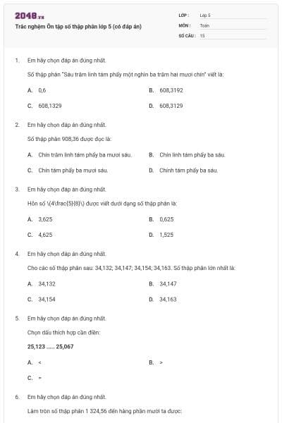 Trắc nghệm Ôn tập số thập phân lớp 5 (có đáp án)