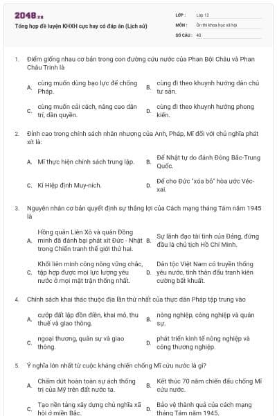Tổng hợp đề luyện KHXH cực hay có đáp án (Lịch sử)