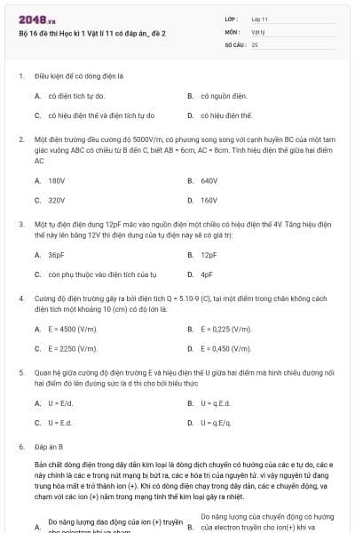 Bộ 16 đề thi Học kì 1 Vật lí 11 có đáp án_ đề 2