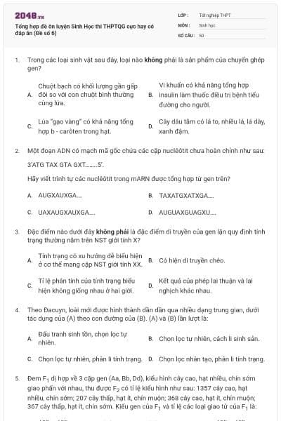 Tổng hợp đề ôn luyện Sinh Học thi THPTQG cực hay có đáp án (Đề số 6)