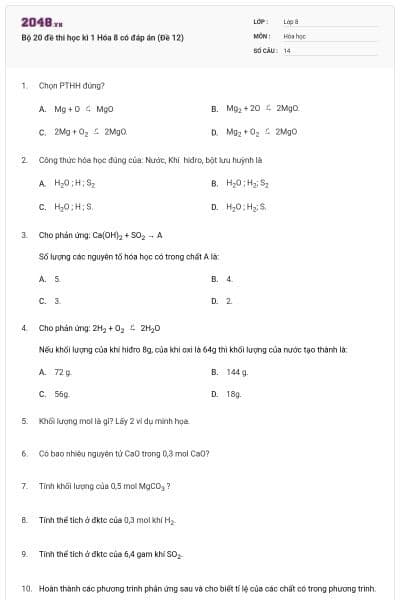 Bộ 20 đề thi học kì 1 Hóa 8 có đáp án (Đề 12)