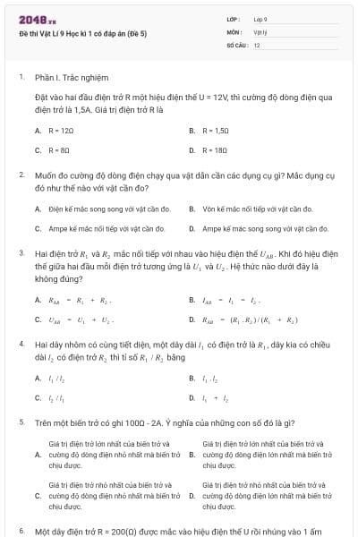 Đề thi Vật Lí 9 Học kì 1 có đáp án (Đề 5)