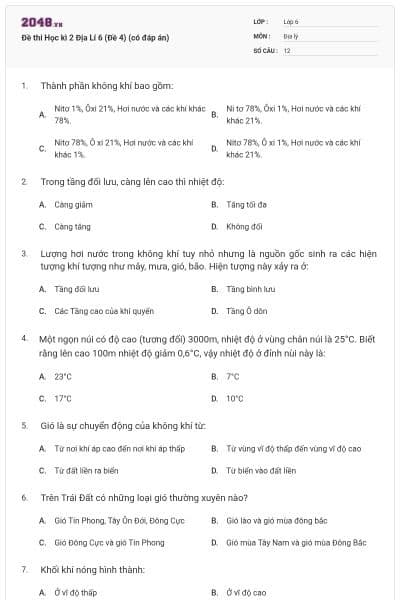Đề thi Học kì 2 Địa Lí 6 (Đề 4) (có đáp án)