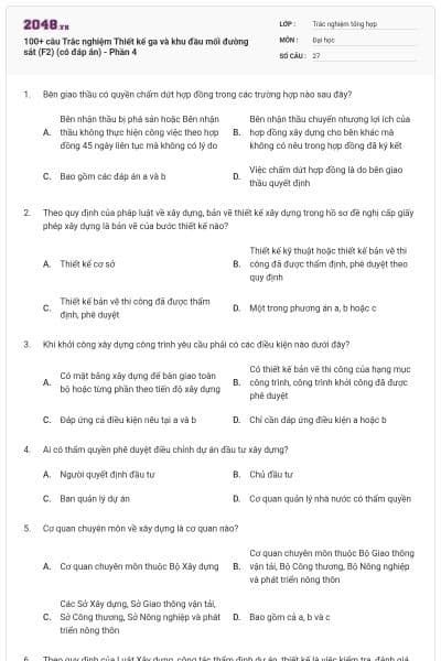 100+ câu Trắc nghiệm Thiết kế ga và khu đầu mối đường sắt (F2) (có đáp án) - Phần 4