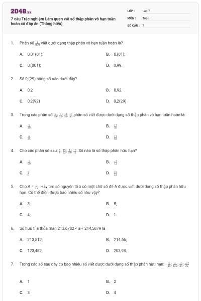 7 câu Trắc nghiệm Làm quen với số thập phân vô hạn tuần hoàn có đáp án (Thông hiểu)