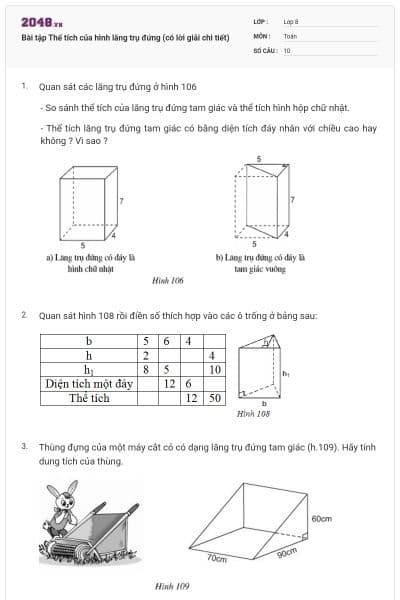 Bài tập Thể tích của hình lăng trụ đứng (có lời giải chi tiết)