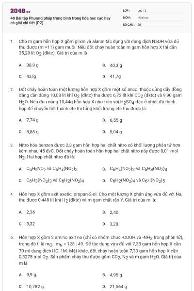 40 Bài tập Phương pháp trung bình trong hóa học cực hay có giải chi tiết (P2)