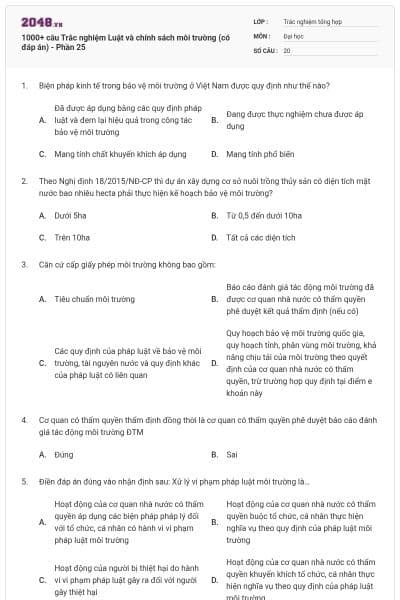 1000+ câu Trắc nghiệm Luật và chính sách môi trường (có đáp án) - Phần 25