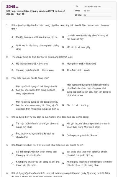 500+ câu trắc nghiệm Kỹ năng sử dụng CNTT cơ bản có đáp án - Phần 18