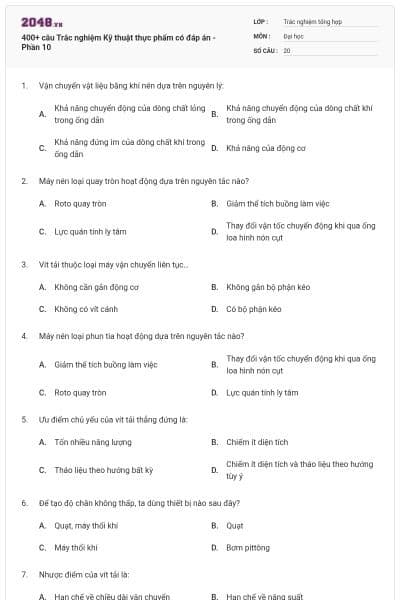 400+ câu Trắc nghiệm Kỹ thuật thực phẩm có đáp án - Phần 10