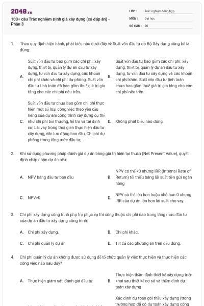 100+ câu Trắc nghiệm Định giá xây dựng (có đáp án) - Phần 3