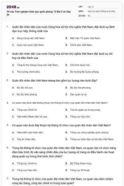 30 câu Trắc nghiệm Giáo dục quốc phòng 12 Bài 3 có đáp án