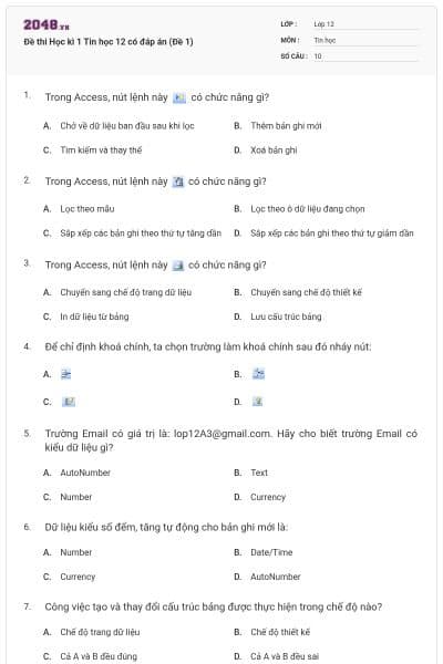 Đề thi Học kì 1 Tin học 12 có đáp án (Đề 1)
