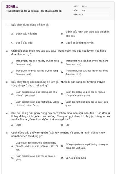 Trắc nghiệm: Ôn tập về dấu câu (dấu phẩy) có đáp án