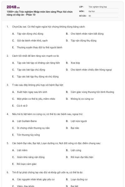 1000+ câu Trắc nghiệm Nhập môn lâm sàng Phục hồi chức năng có đáp án - Phần 10