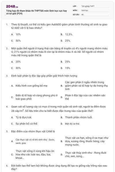 Tổng hợp đề tham khảo thi THPTQG môn Sinh học cực hay có lơi giải (P24)
