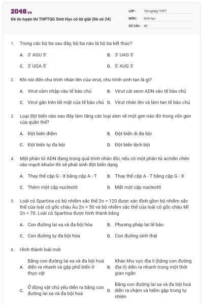 Đề ôn luyện thi THPTQG Sinh Học có lời giải (Đề số 24)