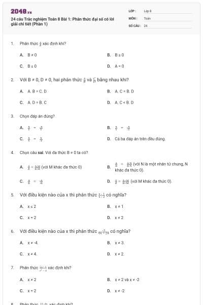 24 câu Trắc nghiệm Toán 8 Bài 1: Phân thức đại số có lời giải chi tiết (Phần 1)