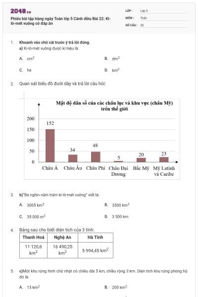 Phiếu bài tập hàng ngày Toán lớp 5 Cánh diều Bài 22: Ki-lô-mét vuông có đáp án