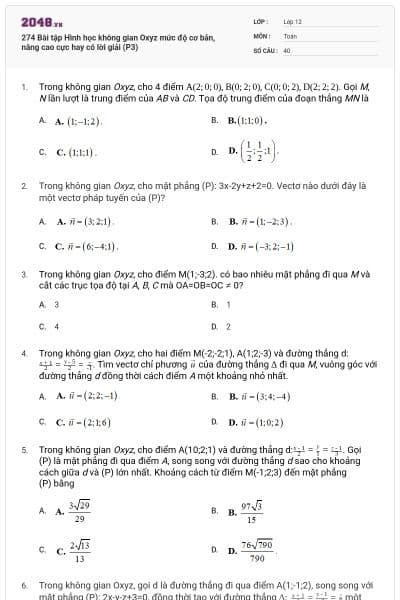 274 Bài tập Hình học không gian Oxyz mức độ cơ bản, nâng cao cực hay có lời giải (P3)
