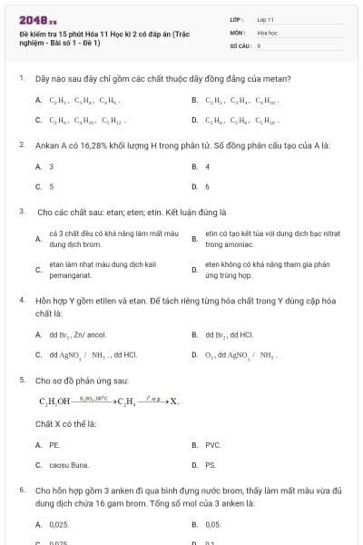 Đề kiểm tra 15 phút Hóa 11 Học kì 2 có đáp án (Trắc nghiệm - Bài số 1 - Đề 1)