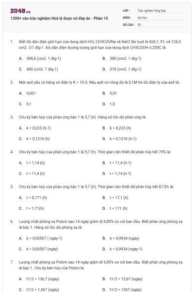 1200+ câu trắc nghiệm Hoá lý dược có đáp án - Phần 15