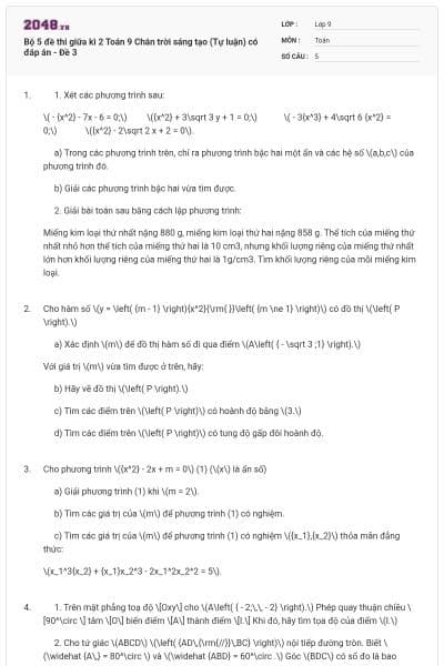 Bộ 5 đề thi giữa kì 2 Toán 9 Chân trời sáng tạo (Tự luận) có đáp án - Đề 3