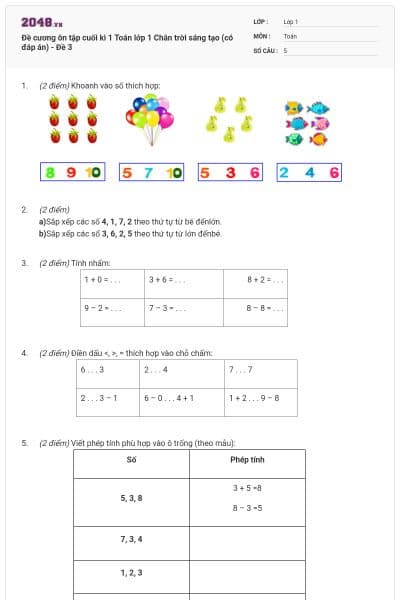 Đề cương ôn tập cuối kì 1 Toán lớp 1 Chân trời sáng tạo (có đáp án) - Đề 3