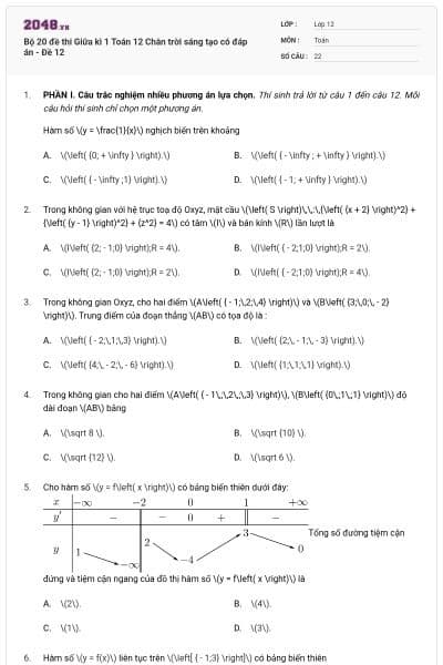 Bộ 20 đề thi Giữa kì 1 Toán 12 Chân trời sáng tạo có đáp án - Đề 12