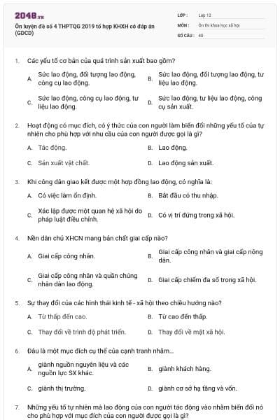 Ôn luyện đề số 4 THPTQG 2019 tổ hợp KHXH có đáp án (GDCD)