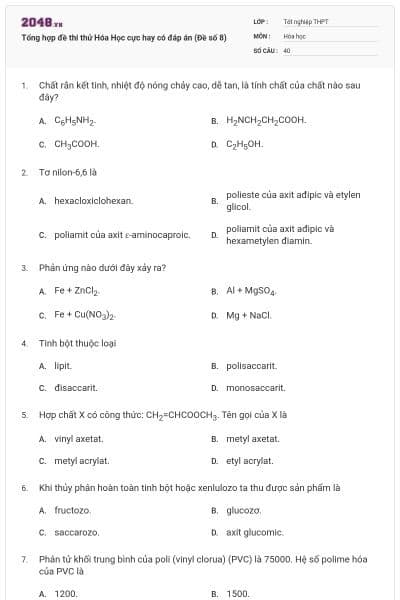 Tổng hợp đề thi thử Hóa Học cực hay có đáp án (Đề số 8)