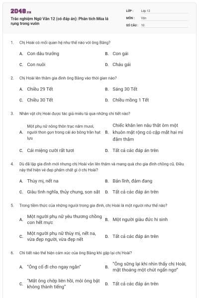 Trắc nghiệm Ngữ Văn 12 (có đáp án): Phân tích Mùa lá rụng trong vườn