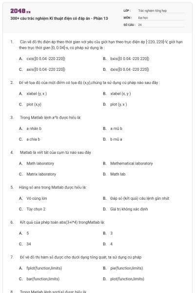 300+ câu trắc nghiệm Kĩ thuật điện có đáp án - Phần 13