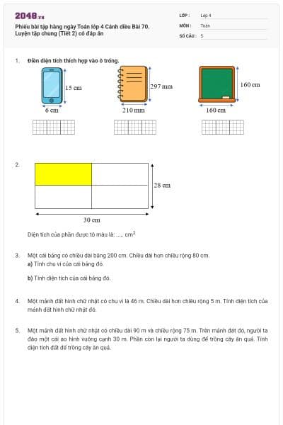 Phiếu bài tập hàng ngày Toán lớp 4 Cánh diều Bài 70. Luyện tập chung (Tiết 2) có đáp án